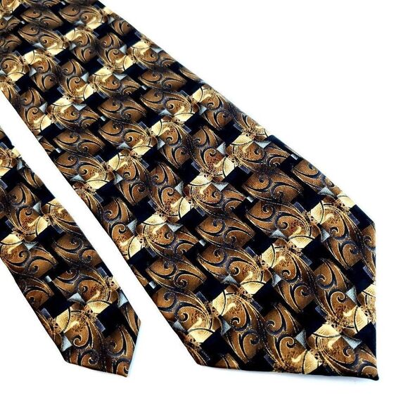 Pierre Cardin Black Brown Tan Abstract Geometric Print Wide Silk Tie - Picture 1 of 6